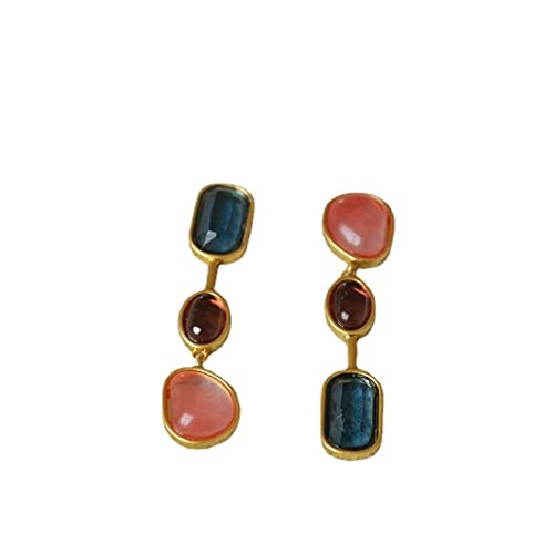 DSHUAI Goldene Ohrringe Damen,Damen Asymmetrischer Goldener Ohrring Plattiertes 18 Karat Material Eingelegte Farbige Steine ​​Mode Lange Earwear 925 Ohrstecker Hypoallergen von DSHUAI