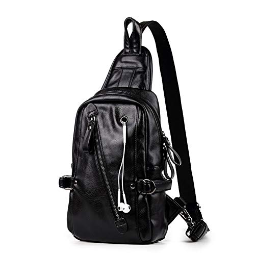 DSJJ Herren Sling Bag Vintage PU Leder Brust Schulter Rucksack Crossbody Wandern Radfahren Camping Daypacks (Schwarz) von DSJJ