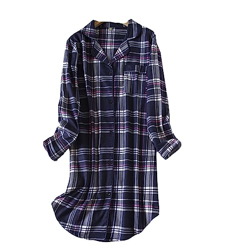 Damen Baumwolle Gitter Nachthemd Langarm Pyjama Damen knöpfe Nachtwäsche große größen (M-2XL) von DSJJ