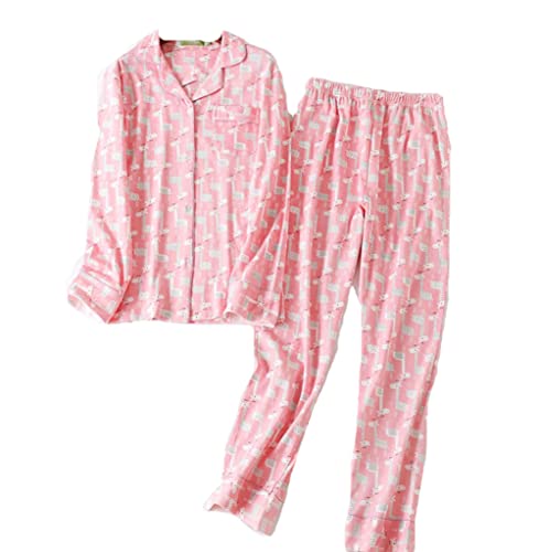 Damen Baumwolle Schlafanzüge Lang Nachtwäsche Baumwolle Zweiteiliger Pyjamas Set PJ Set, Weich Bequem und Schön Langarm Hausanzug (Pink,XL) von DSJJ