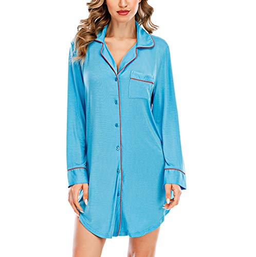 Damen Nachthemd Pyjama Negligee V-Ausschcnitt Nachtkleid Schlafshirt Langarm Modal Schlafanzüge Nachtwäsche Sleepwear Kleid (Blau,XXL) von DSJJ