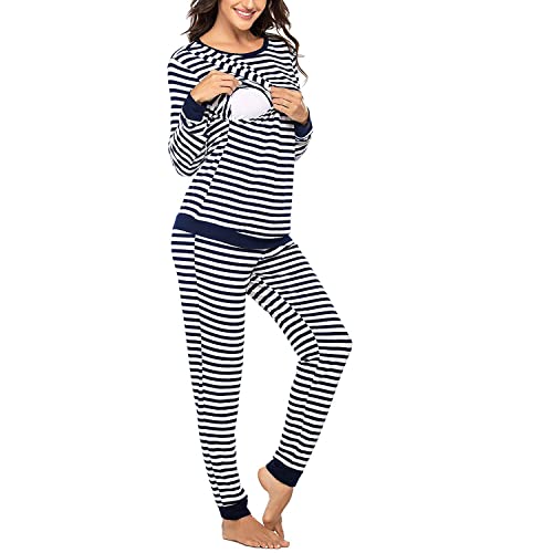 Damen-Schlafanzug Langarm-Mutterschafts-Schlafanzug Set Baumwolle Mutterschafts- / Still-Schlafanzug (Blau,L) von DSJJ