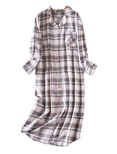 Nachthemd Damen knöpfe,Nachtwäsche Sleepshirt Damen Baumwolle Nachthemd Langarm Knopfleiste M-XXL (Grau-3,XXL) von DSJJ