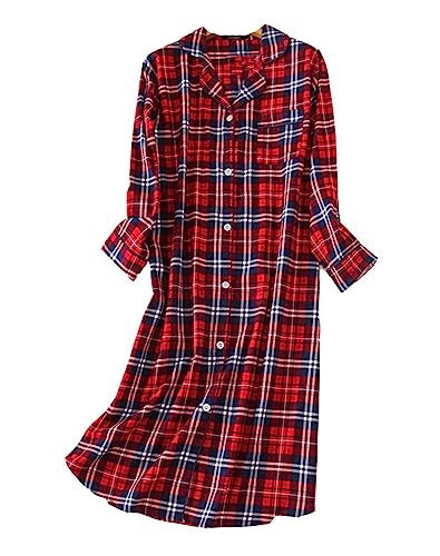 Nachthemd Damen knöpfe,Nachtwäsche Sleepshirt Damen Baumwolle Nachthemd Langarm Knopfleiste M-XXL (Rot,L) von DSJJ