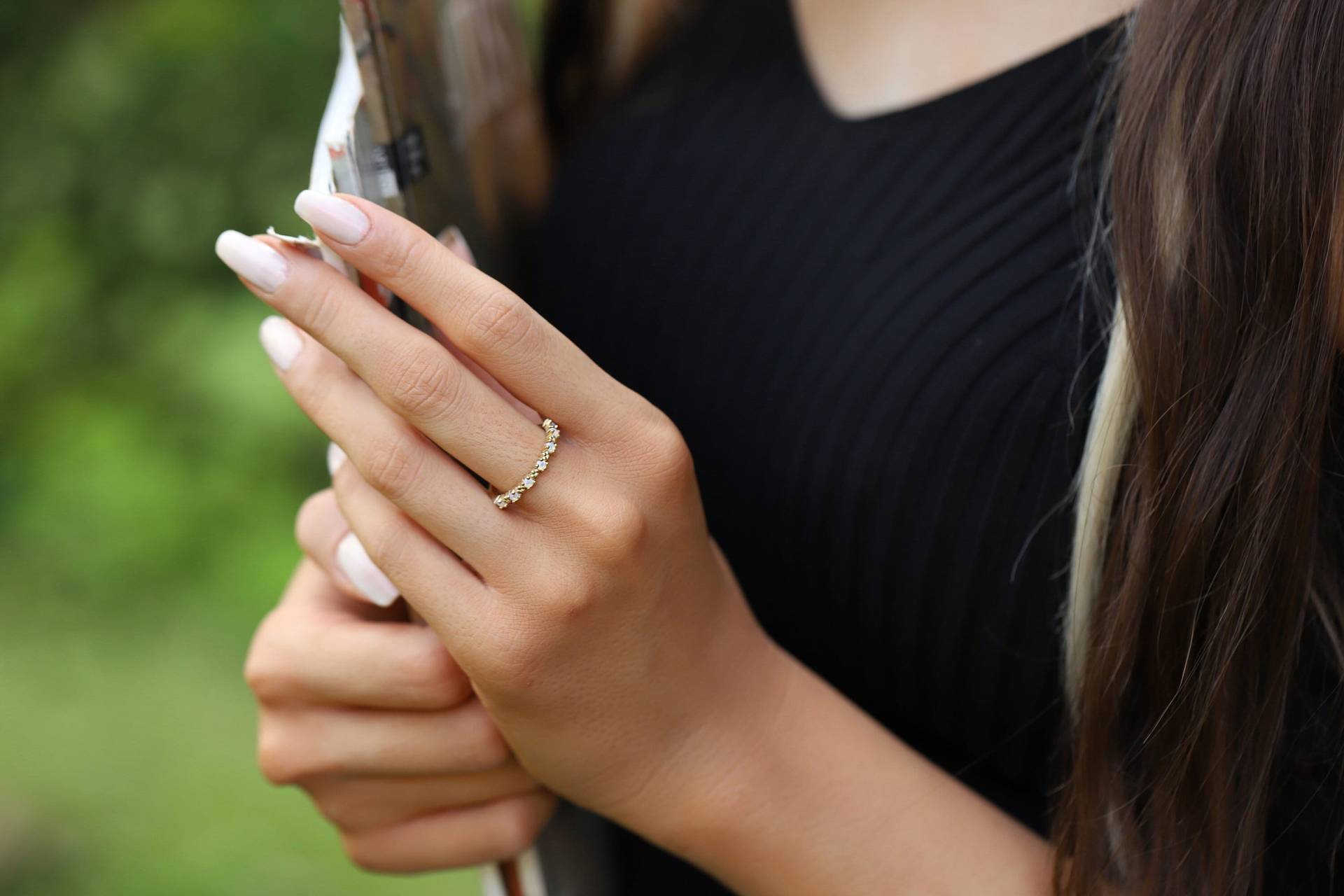 14K Massiver Gold Opal Dünner Ring Minimalist Stein Zierliche Halb Ewigkeit Solid Mutter Frauen von DSJewelryUS