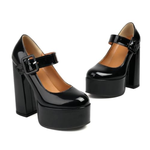 DSKHDZW Damen Bold Plateau Chunky Heels Lackleder Mary Jane Schuhe Knöchelriemen Hochzeit Party Kleid Pumps,Schwarz,39 EU von DSKHDZW