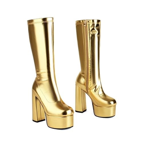 DSKHDZW Damen Metallische Mittelstiefel Blockabsatz Plateau Stiefel mit Seitenzip für Party & Modischen Stil,Gold,40 EU von DSKHDZW