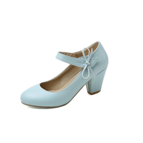 DSKHDZW Frauen Block Heel Mary Jane Schuhe Runde Zehe Mittlere Absätze Knöchelriemen Büro & Freizeit Pumps,Blau,38 EU von DSKHDZW