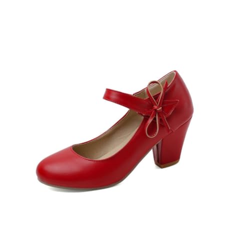DSKHDZW Frauen Block Heel Mary Jane Schuhe Runde Zehe Mittlere Absätze Knöchelriemen Büro & Freizeit Pumps,Rot,48 EU von DSKHDZW