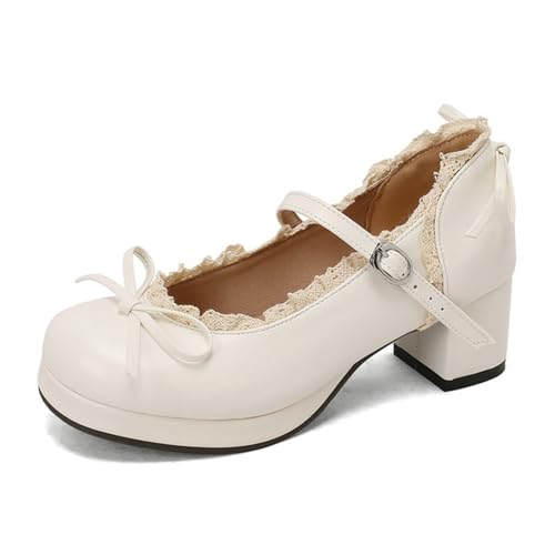 Damen 5Cm Lolita Schuhe mit Blockabsatz - Schleife & Spitzenbesatz Mary Jane Heels Plateau Süße Kawaii Pumps,Weiß,41 EU von DSKHDZW