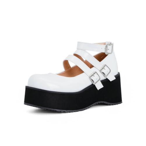 Damen Gothic Plateau Mary Janes Lackleder Knöchelriemen Keilabsätze Niedriger Chunky Heel Freizeit Pumps,Weiß,40 EU Damen Gothic Plateau Mary Janes Lackleder Knöchelriemen Keilabsätze Niedriger Chunky Heel Freizeit Pumps,Weiß,40 EU von DSKHDZW