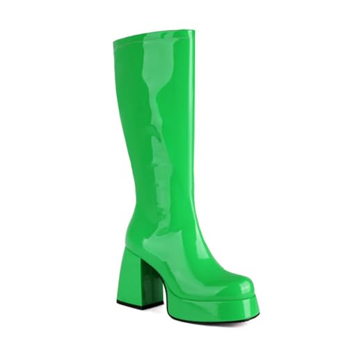 Damen Lackleder Mittelstiefel Blockabsatz Plateau mit Seitenzip für Modische Anlässe,Grün,47 EU von DSKHDZW