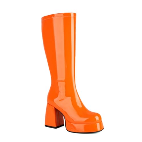 Damen Lackleder Mittelstiefel Blockabsatz Plateau mit Seitenzip für Modische Anlässe,Orange,38 EU von DSKHDZW