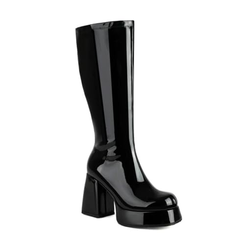 Damen Lackleder Mittelstiefel Blockabsatz Plateau mit Seitenzip für Modische Anlässe,Schwarz,42 EU von DSKHDZW