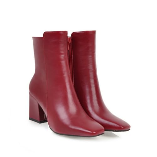 Damen Quadratische Spitze Stiefeletten Seitenzip Kurzstiefeletten für Modischen Herbst & Winter Anzug,Rot,39 EU von DSKHDZW