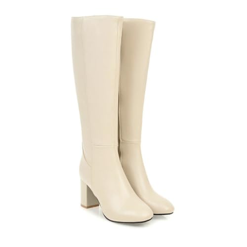 Damen Stiefel mit Quadratischer Spitze und Blockabsatz, Kniehohe Reitstiefeletten, Schuhe im Stil von Herbst und Winter,Beige,48 EU von DSKHDZW
