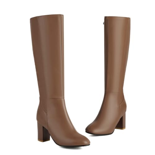 Damen Stiefel mit Quadratischer Spitze und Blockabsatz, Kniehohe Reitstiefeletten, Schuhe im Stil von Herbst und Winter,Braun,35 EU von DSKHDZW
