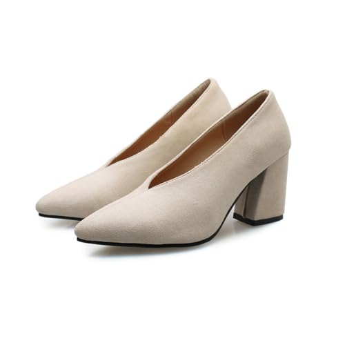 Damen Wildleder Blockabsatz Hochzeit Pumps Spitze Zehenpartie Elegante Büro- und Abendschuhe Slip-On Freizeitschuhe,Beige,37 EU von DSKHDZW