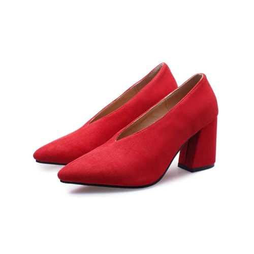 Damen Wildleder Blockabsatz Hochzeit Pumps Spitze Zehenpartie Elegante Büro- und Abendschuhe Slip-On Freizeitschuhe,Rot,44 EU von DSKHDZW