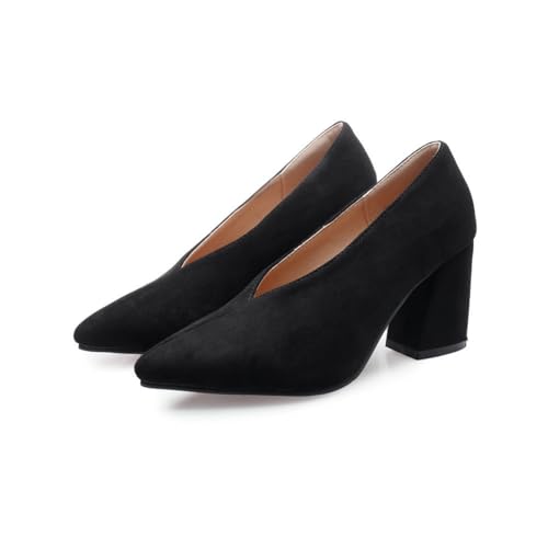 Damen Wildleder Blockabsatz Hochzeit Pumps Spitze Zehenpartie Elegante Büro- und Abendschuhe Slip-On Freizeitschuhe,Schwarz,41 EU von DSKHDZW