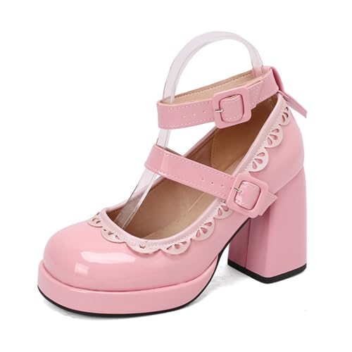 Frauen Block Heel Mary Jane Schuhe Lolita - Stil Plateau Alltag & Events Heels Knöchelriemen Cosplay Pumps,Rosa,40 EU von DSKHDZW