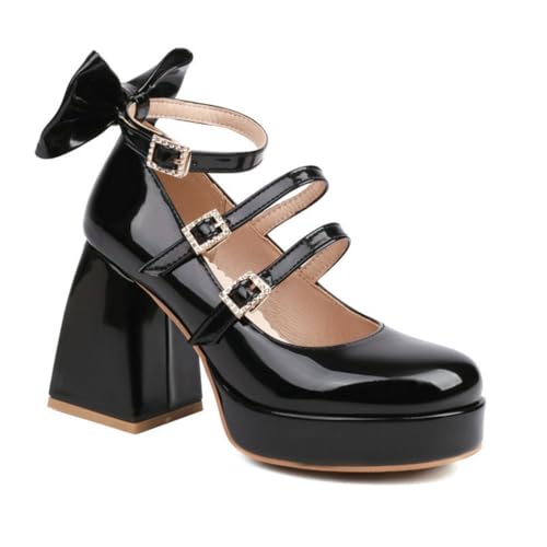 Frauen Braut Plattform Mary Jane Heels Block Heels Hochzeit Party Schuhe Schleife & Strass Abend Abschlussball Pumps,Schwarz,40 EU von DSKHDZW