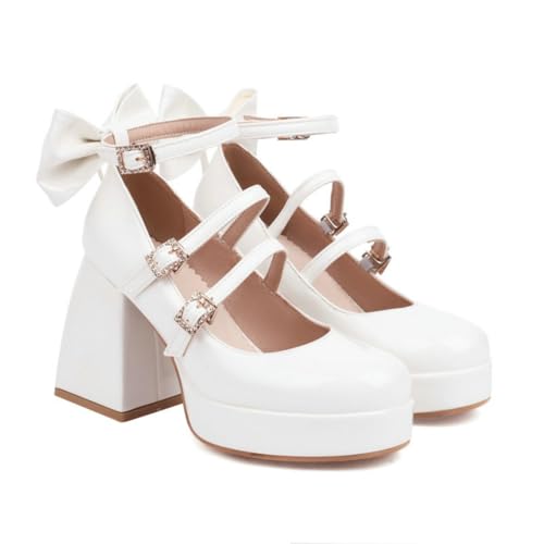 Frauen Braut Plattform Mary Jane Heels Block Heels Hochzeit Party Schuhe Schleife & Strass Abend Abschlussball Pumps,Weiß,34 EU von DSKHDZW