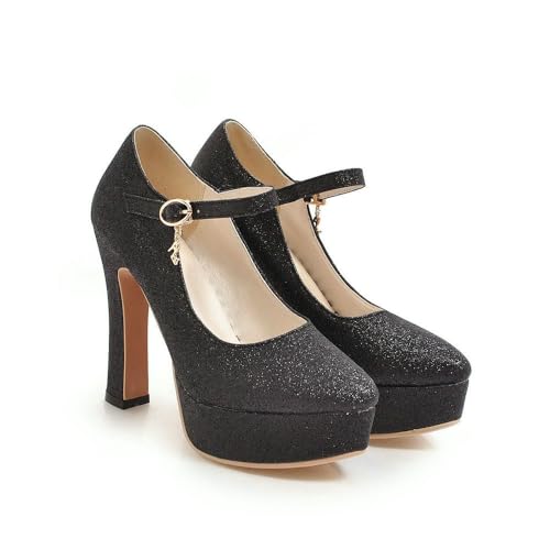 Frauen Glitzer Plateau Hochzeit Fersen Knöchelriemen Club & Party Pumps Block Heel Abend Party Schuhe,Schwarz,40 EU von DSKHDZW
