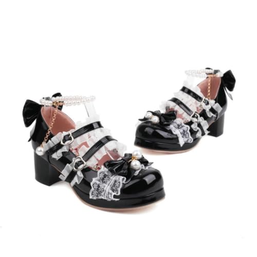 Lolita Round Toe Heels - Verstellbare Perlen-Knöchelriemen mit Abnehmbarer Schleife und Rüschen Mary Jane Blockabsätze,Schwarz,34 EU von DSKHDZW