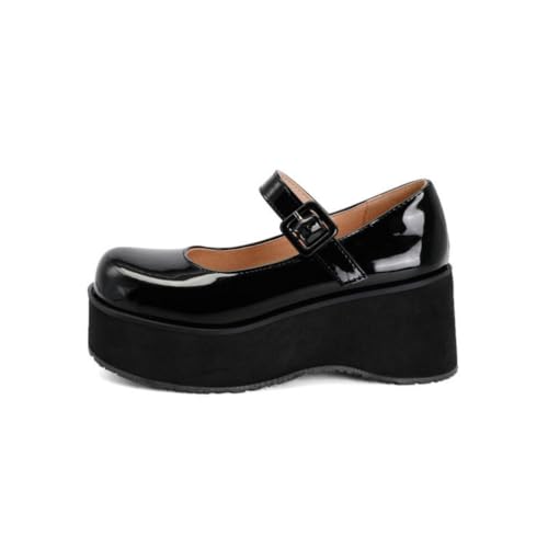 Runde - Zehe Mary Jane Plateauschuhe 7,5 cm Chunky Heel Knöchelriemen Pumps Büro Zu Party Blockabsätze,Schwarz,34 EU von DSKHDZW