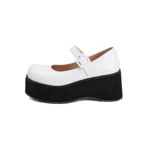 Runde - Zehe Mary Jane Plateauschuhe 7,5 cm Chunky Heel Knöchelriemen Pumps Büro Zu Party Blockabsätze,Weiß,40 EU von DSKHDZW