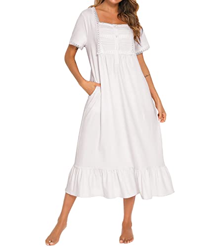 DSKK Damen-Baumwoll-Sommer-Spitze Retro-Kurzarm-Nachthemd-Pyjama (Weiß,L) von DSKK