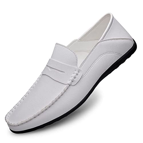 DSKK Mokassins Herren Leder Slip On Fahren Schuhe Leicht Weich Loafer Handgefertigt Flache Schuhe Herren Schuhe (45,Weiß,EU Schuhgrößensystem,Erwachsene,Numerisch) von DSKK