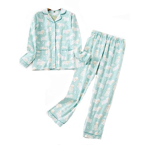 DSKK Schlafanzug Damen lang Baumwolle Winter,Pyjama Freizeitanzug Set mit Knopfleiste Sleepwear Set,Pyjama Zweiteilige Flanell Nachtwäsche (Blau,L) von DSKK