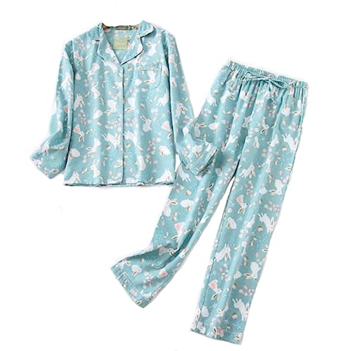 DSKK Schlafanzug Damen lang Baumwolle Winter,Pyjama Freizeitanzug Set mit Knopfleiste Sleepwear Set,Pyjama Zweiteilige Flanell Nachtwäsche (Grün,M) von DSKK