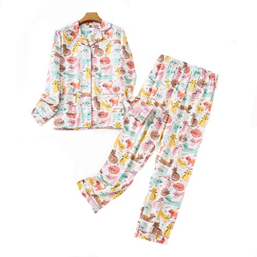 DSKK Schlafanzug Damen lang Baumwolle Winter,Pyjama Freizeitanzug Set mit Knopfleiste Sleepwear Set,Pyjama Zweiteilige Flanell Nachtwäsche (Mehrfarbig,L) von DSKK