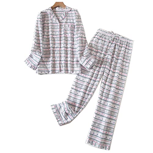 DSKK Schlafanzug Damen lang Baumwolle Winter,Pyjama Freizeitanzug Set mit Knopfleiste Sleepwear Set,Pyjama Zweiteilige Flanell Nachtwäsche (Weiß,XS) von DSKK