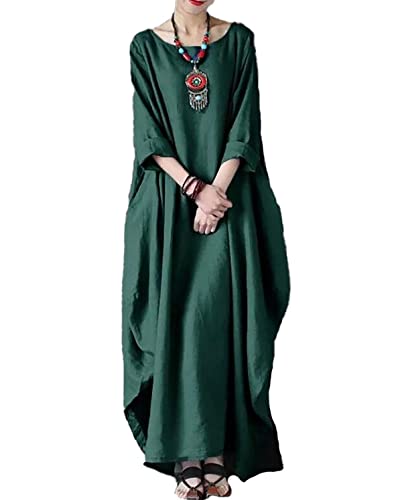 Damen Elegant Kleider Baumwolle Leinen Freizeitkleid für Damen Rundhals Langarm Leinenkleid Lose Maxikleider große Größe (Grün,XL,DE/NL/SE/PL,Alphanumerisch,XL) von DSKK