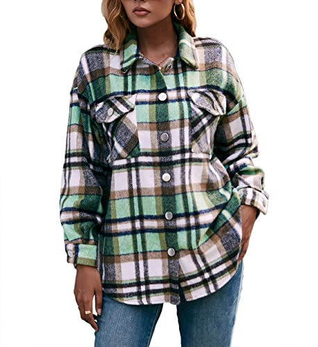 Damen Karierte Hemdjacke mit Knöpfen Holzfällerjacke Mantel Flannel Langarmhemd Oversized Bluse Langarm Karohemd Kariertes Hemd Hemdbluse (Grün,M) von DSKK