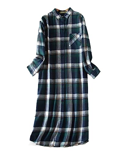 Damen Nachthemd Baumwolle Langarm Flanell Plaid Button Down Nachthemd, Damen Schlafhemd Langarm Nachtwäsche (10#, L) von DSKK