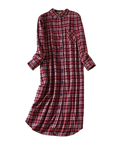 DSKK Damen Nachthemd Baumwolle Langarm Flanell Plaid Button Down Nachthemd, Damen Schlafhemd Langarm Nachtwäsche (8#,XXL) von DSKK