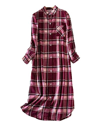 Damen Nachthemd Baumwolle Langarm Flanell Plaid Button Down Nachthemd, Damen Schlafhemd Langarm Nachtwäsche (9#,M) von DSKK