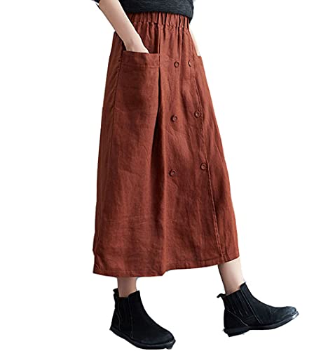 Damen Rocke Leinen Baumwolle Elastische Taille Midi Langer Rock Böhmischer Stil Einfarbiger Röcke (Braun,M,DE/NL/SE/PL,Alphanumerisch,M) von DSKK