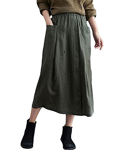 Damen Rocke Leinen Baumwolle Elastische Taille Midi Langer Rock Böhmischer Stil Einfarbiger Röcke (Grün,L,DE/NL/SE/PL,Alphanumerisch,L) von DSKK