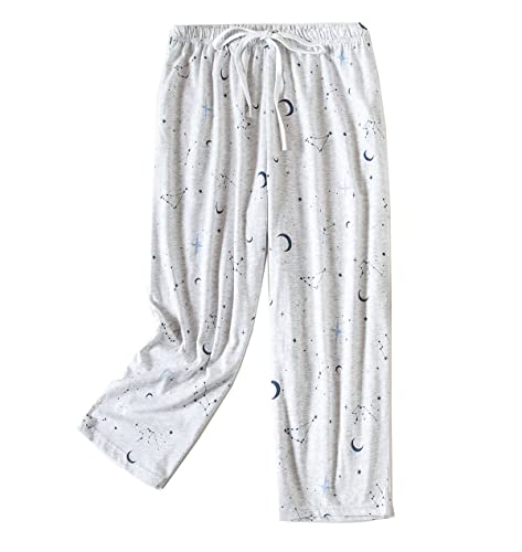 Damenhose Bedruckt mit Schnürung Pyjamahose Damen Schlafanzughose Baumwolle Pyjamahose 3/4 Lang Hose Pants für Home (Grau,3XL) von DSKK