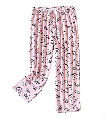 Damenhose Bedruckt mit Schnürung Pyjamahose Damen Schlafanzughose Baumwolle Pyjamahose 3/4 Lang Hose Pants für Home (Rosa-2,3XL) von DSKK