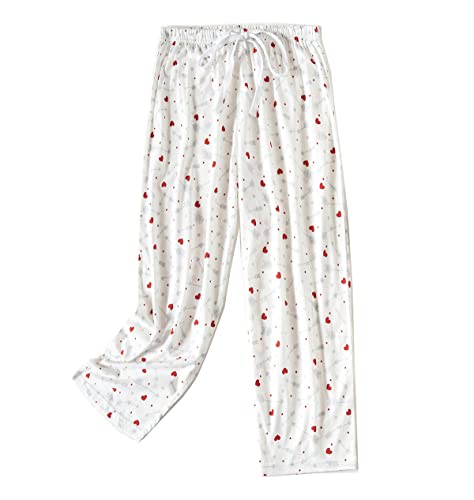 Damenhose Bedruckt mit Schnürung Pyjamahose Damen Schlafanzughose Baumwolle Pyjamahose 3/4 Lang Hose Pants für Home (Weiß-1,M) von DSKK