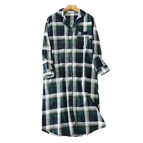 Nachthemd Damen Baumwolle Langarm Flanell Plaid Button Down Nachthemd, Damen Schlafhemd Langarm Nachtwäsche (2#,L) von DSKK