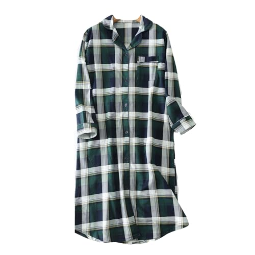 Nachthemd Damen Baumwolle Langarm Flanell Plaid Button Down Nachthemd, Damen Schlafhemd Langarm Nachtwäsche (2#,L) von DSKK