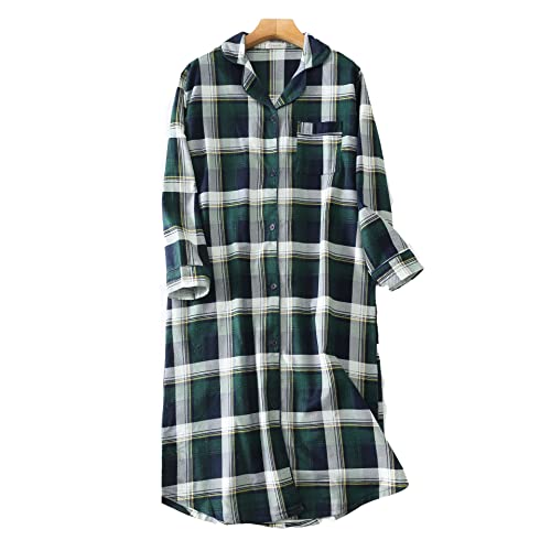 Nachthemd Damen Baumwolle Langarm Flanell Plaid Button Down Nachthemd, Damen Schlafhemd Langarm Nachtwäsche (2#,M) von DSKK